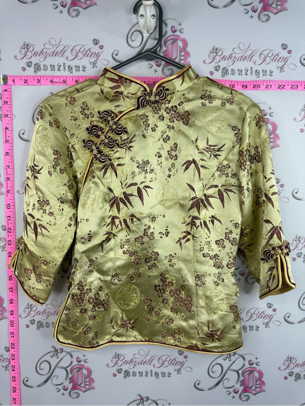 Silk top blouse Gold Mandarin Collar shiny Floral Top